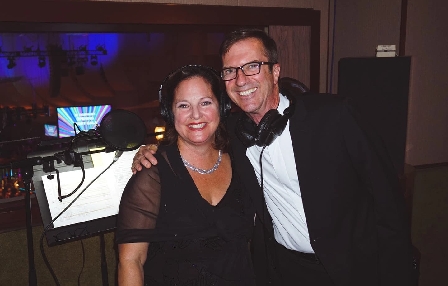 Dianne and Rik Malone in the broadcast booth during a San Francisco Symphony Opening Night Gala Live Broadcast