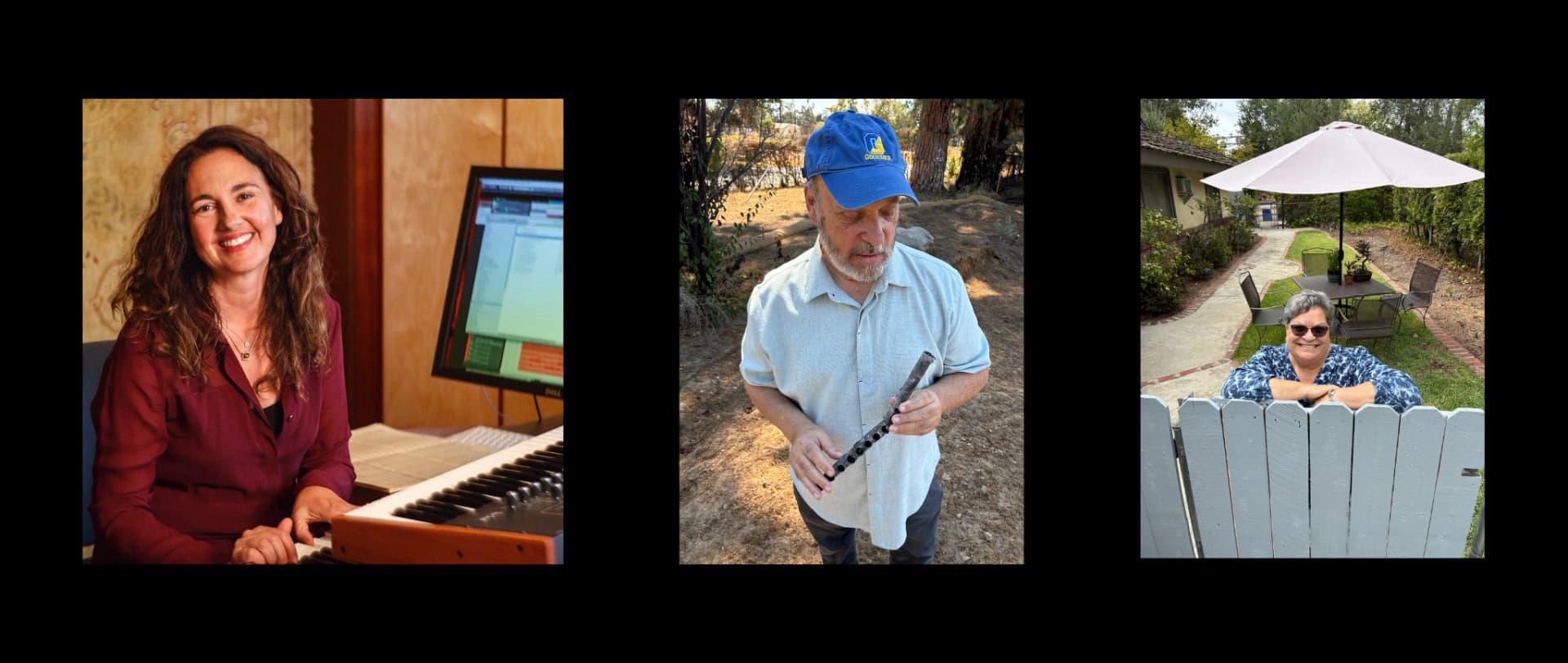 Composer and pianist Starr Parodi, in her Palisades studio; flutist Larry Kaplan on the site of his home in Altadena ; and LA Master Chorale alto Nancy Sulahian at her rental home in Altadena.