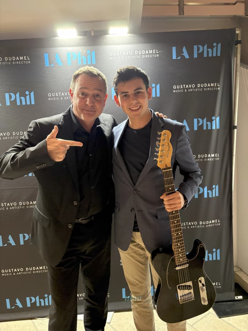 The LA Phil’s Christopher Still and 16-year-old James Marks with his new Stratocaster.